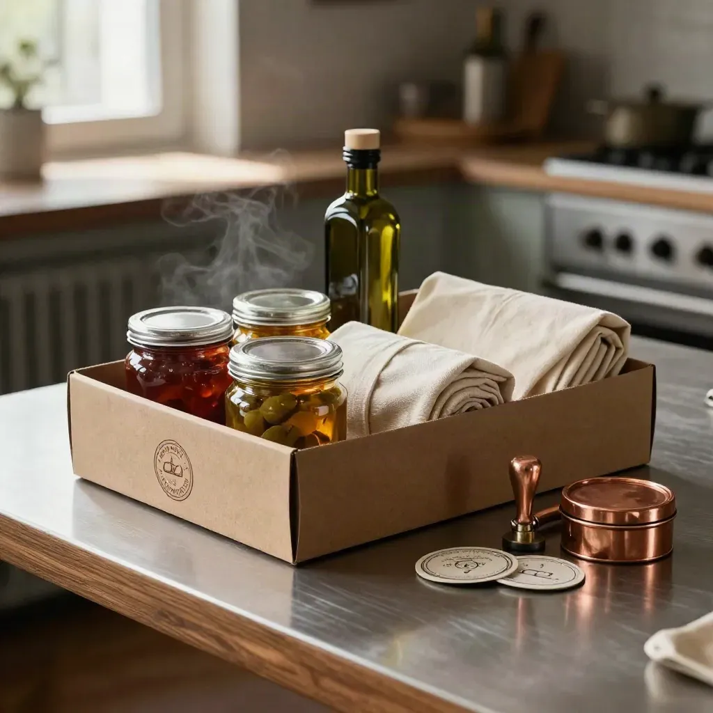 Gepackter Feinkost-Hamper mit Gläsern, Olivenöl, Leinen und Karton auf Packtisch
