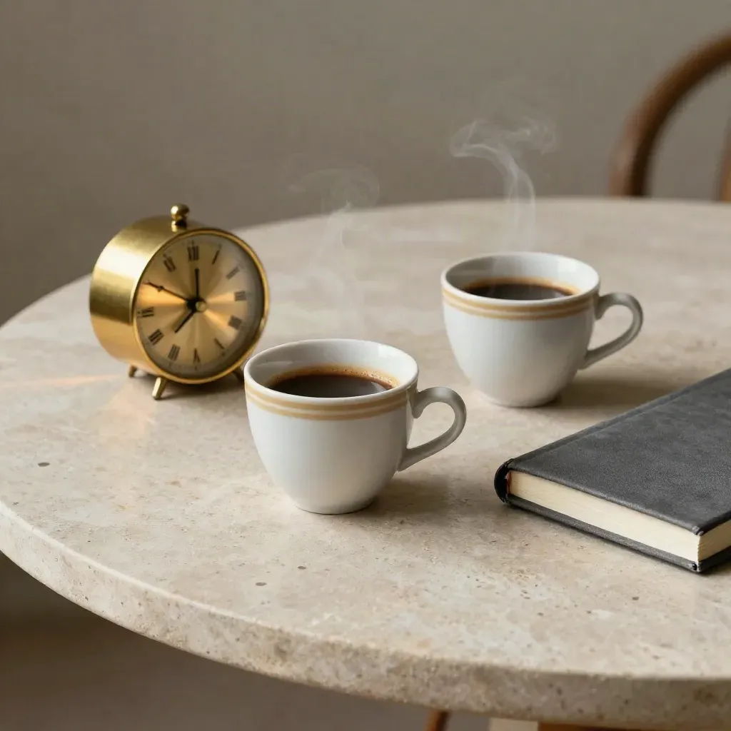 Zwei Espressotassen, eine kleine Messinguhr und ein geschlossenes Notizbuch auf hellem Stein.