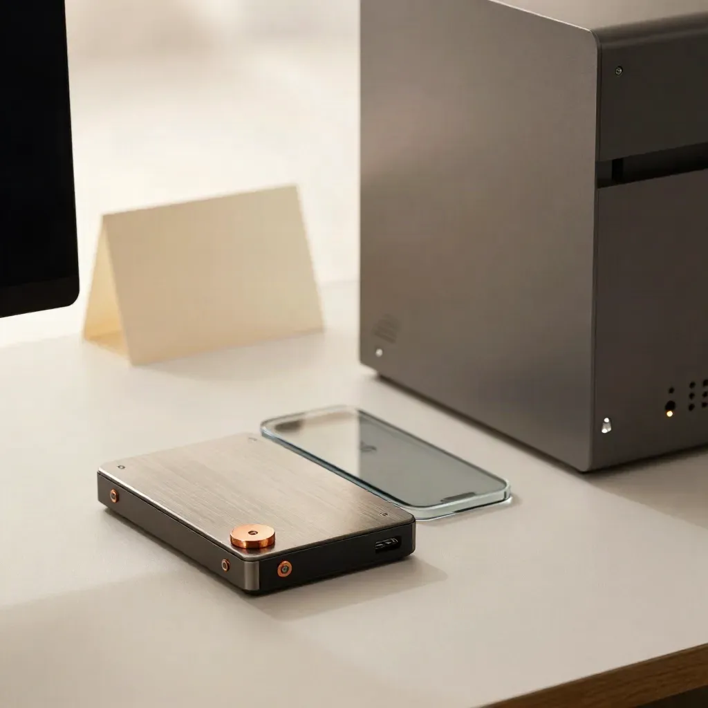 Backup-Drive, Handy und Server-Silhouette mit aufleuchtender Statusanzeige auf hellem Stein.