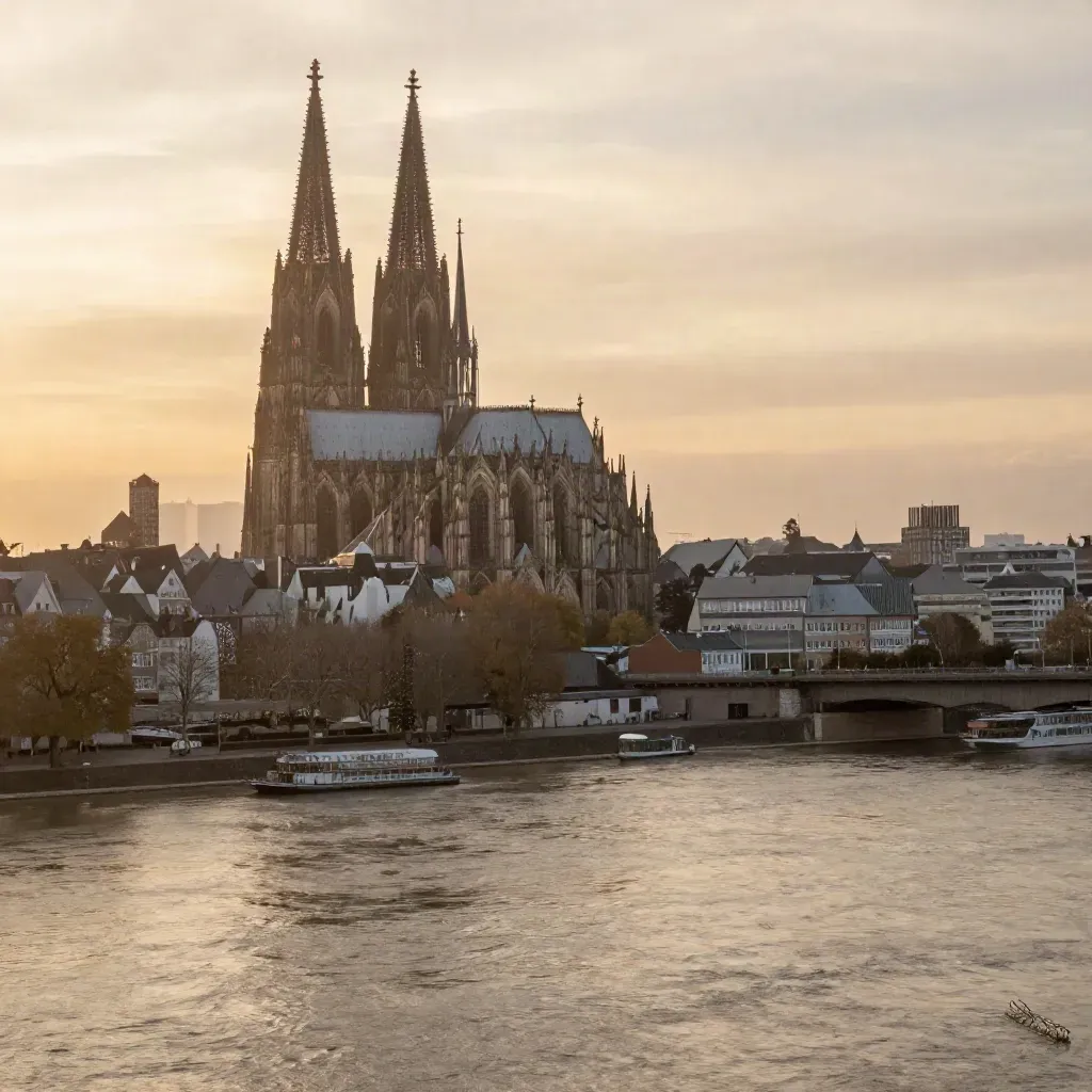 Kölner Dom über dem Rhein bei Goldstunde, warme Haze und ruhige Wasserfläche