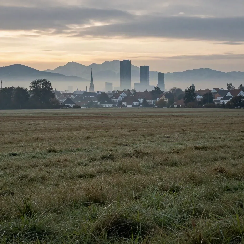 Münchner Skyline im Morgennebel mit grüner Ebene und Alpenhügeln im Hintergrund.